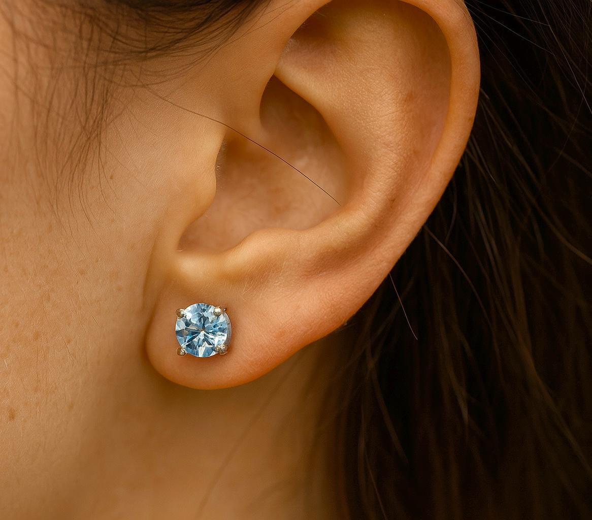 Natural Aquamarine Stud Earrings | 5 mm Round Blue Gemstone | Basket Set Studs in 14K Gold or Silver