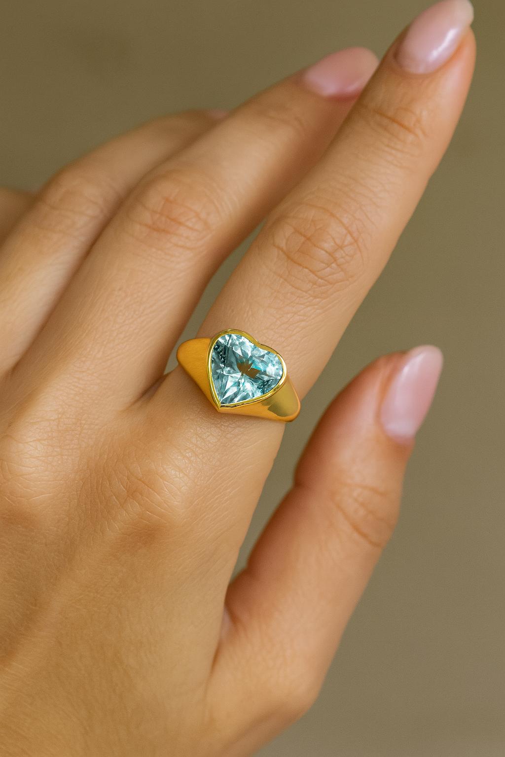 Natural Aquamarine Heart Ring 2 Carat, 14K Gold Plated Sterling Silver Bezel Set Ring, March Birthstone Gift