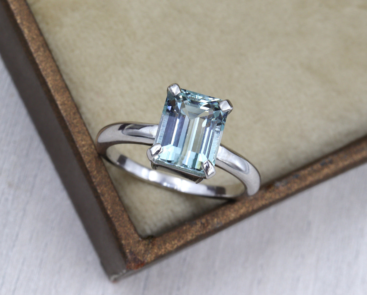 Emerald Cut Natural Aquamarine Solitaire Ring | 14K Gold or Sterling Silver | 8×6 mm March Birthstone Ring