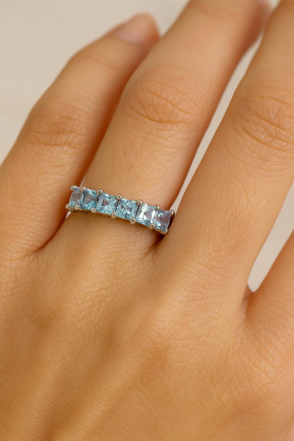 Princess Cut Aquamarine Eternity Band • 4mm Half Eternity Ring • Stackable March Birthstone Ring • Square Cut Aquamarine Band
