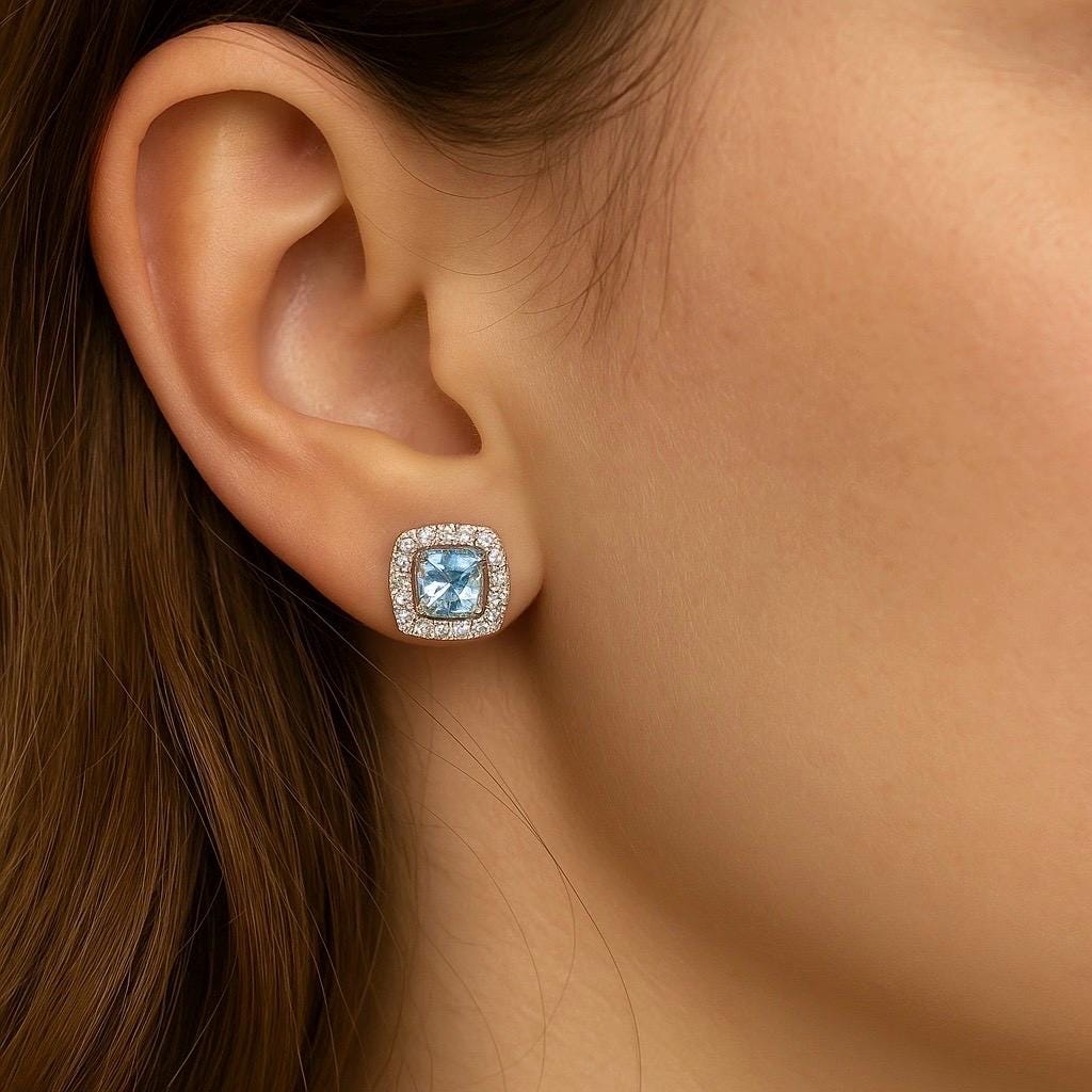 Aquamarine Halo Earrings | 6 mm Cushion Cut Studs in 14k White Gold, Square Aquamarine Earrings