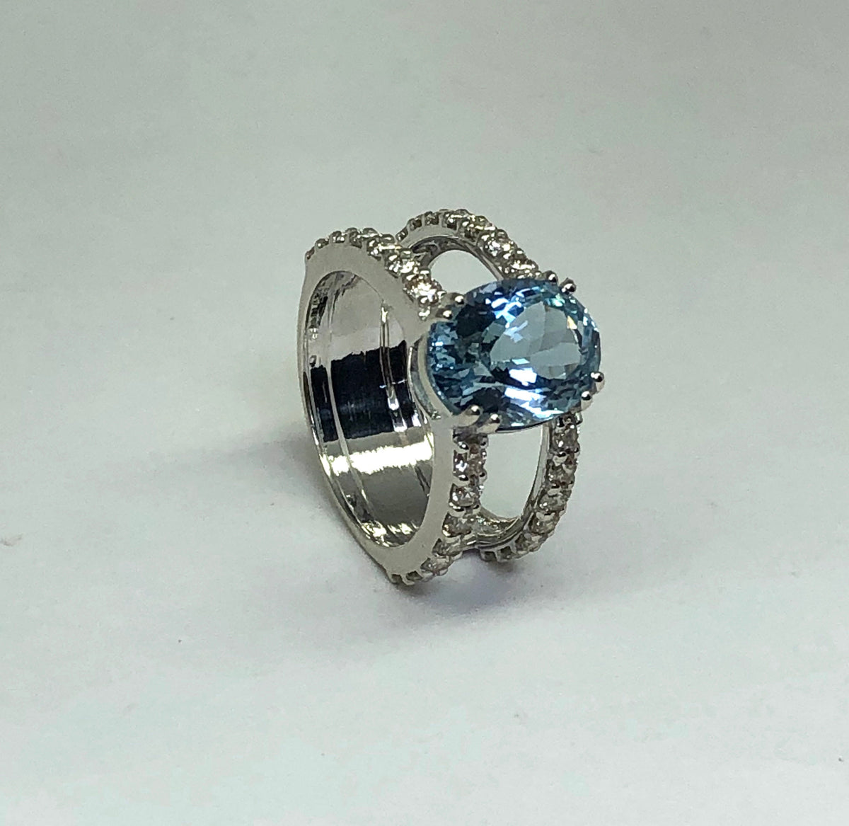 3 Ct Aquamarine & Diamond Engagement Ring – 14K White Gold Double Band Ring, Celebrity Inspired- Oval Ring