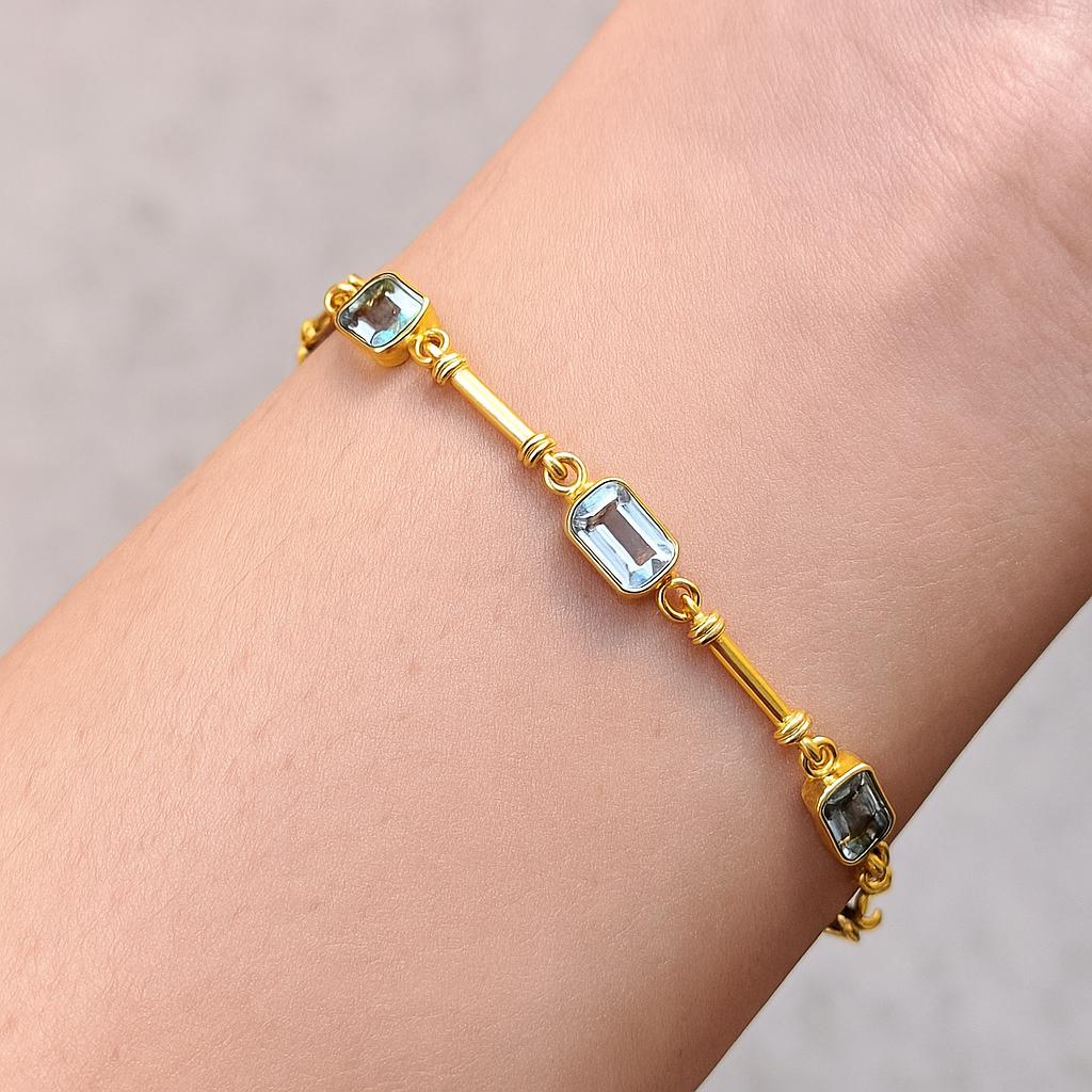 Aquamarine Tennis Bracelet 14k Gold, Emerald Cut Aquamarine Bracelet, Dainty Minimalist Bracelet, Solid Rose Gold Station Bracelet