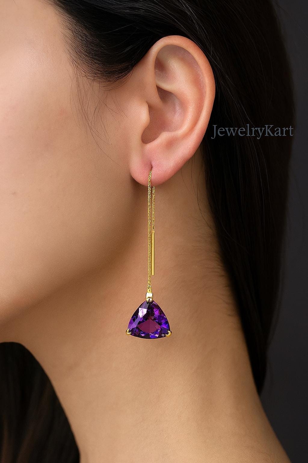 Natural Amethyst Threader Earrings, 14k Yellow Gold Finish, Amethyst Dangle Earrings, Trillion Earrings, Silver Long Chain Threaders