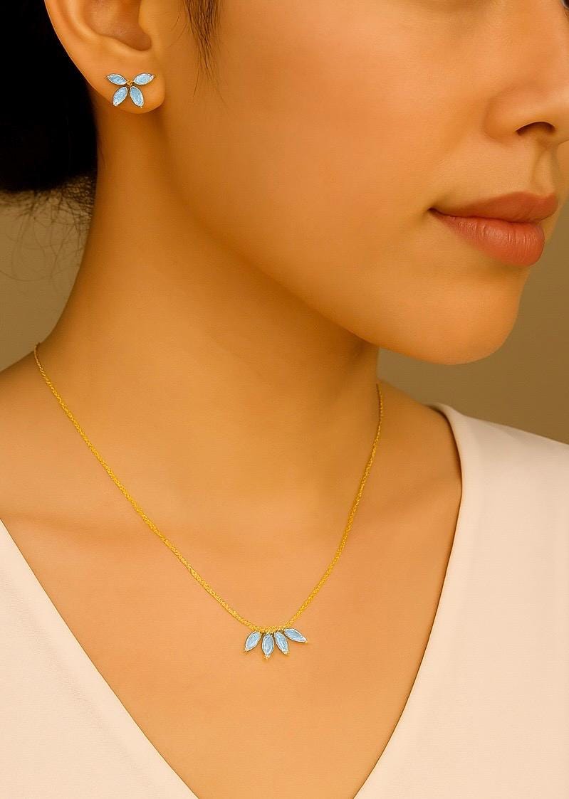 Aquamarine Marquise Earrings, Flower Studs, Gold Silver Flower Earrings, Jewelry Gift for Her, Cluster Earrings