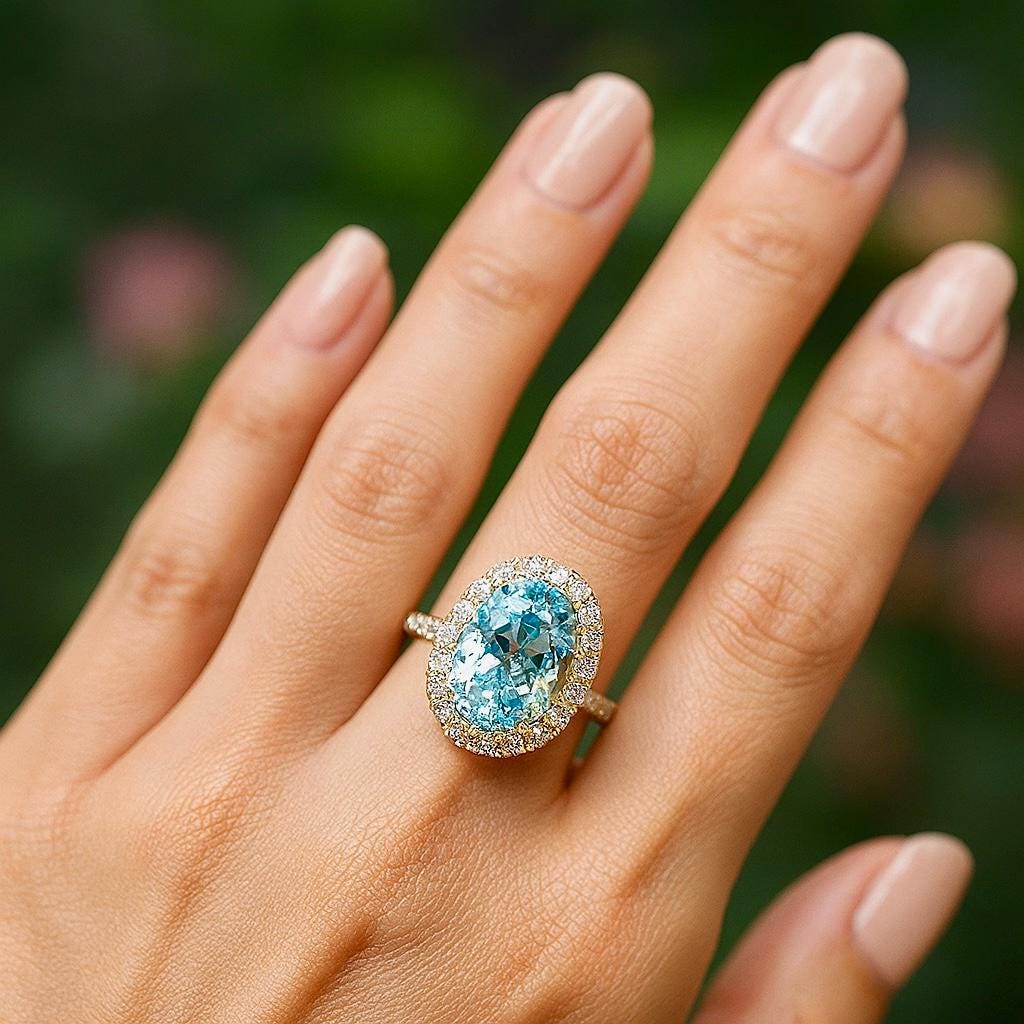 Natural Aquamarine Oval Ring, Halo Engagement Ring in 14K Gold, Fine Diamond Ring