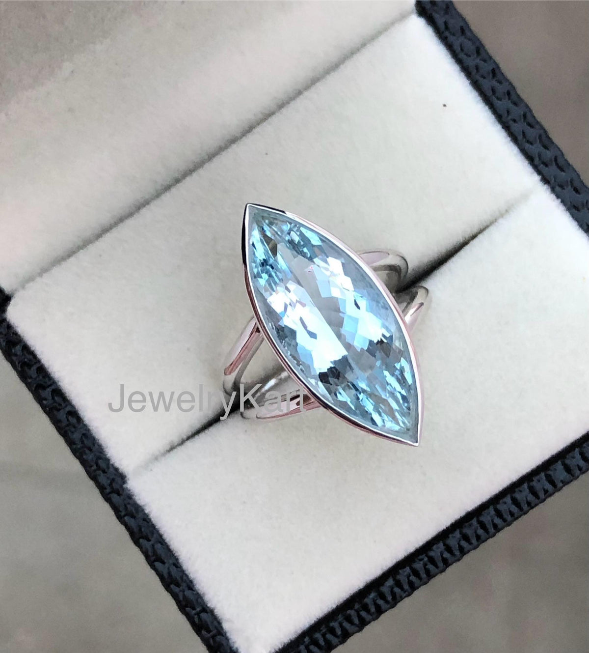 Aquamarine Marquise Bezel Ring | 15x7 mm Solitaire | 3 Cts Aquamarine Engagement Ring | Split Shank Statement Ring