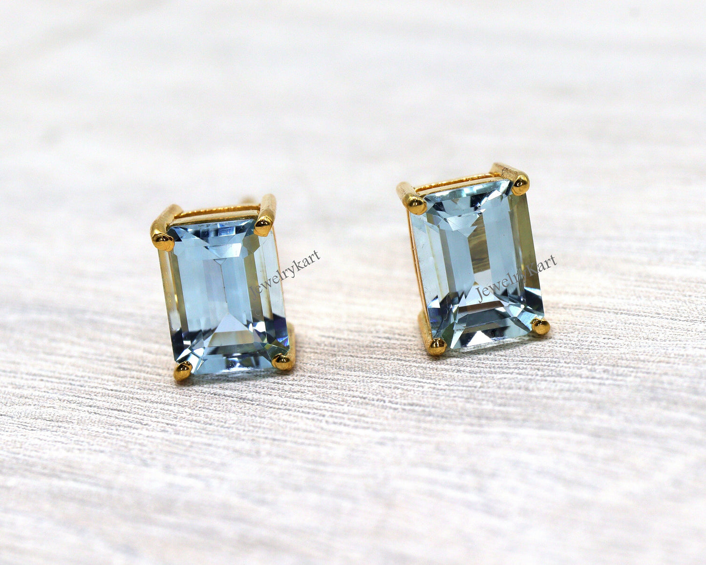 Emerald Cut Aquamarine Stud Earrings | 14k Yellow Gold Solitaire Earrings | March Birthstone Gift For Her