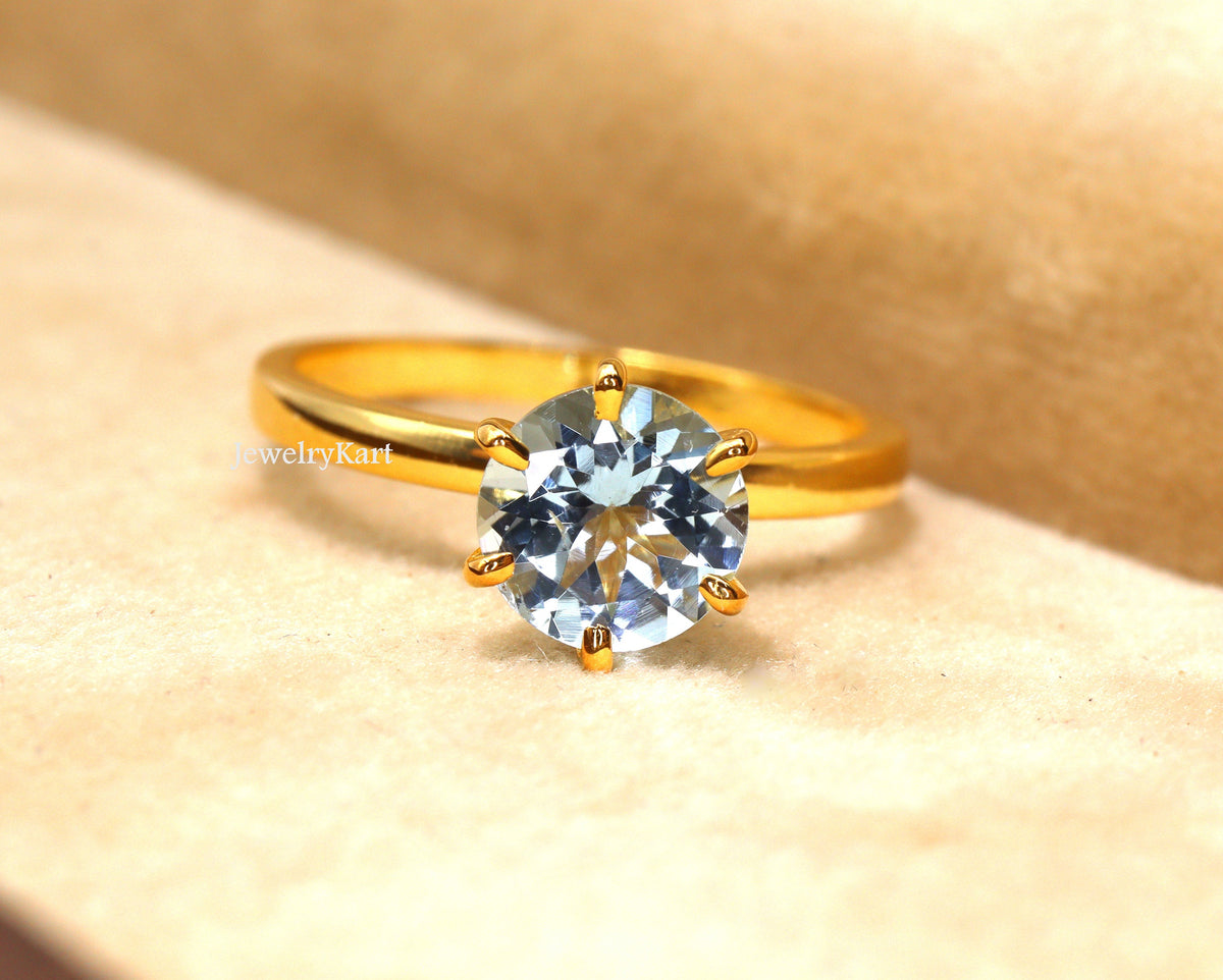 14k Gold Aquamarine Engagement Ring, Round Shape March Birthstone Ring