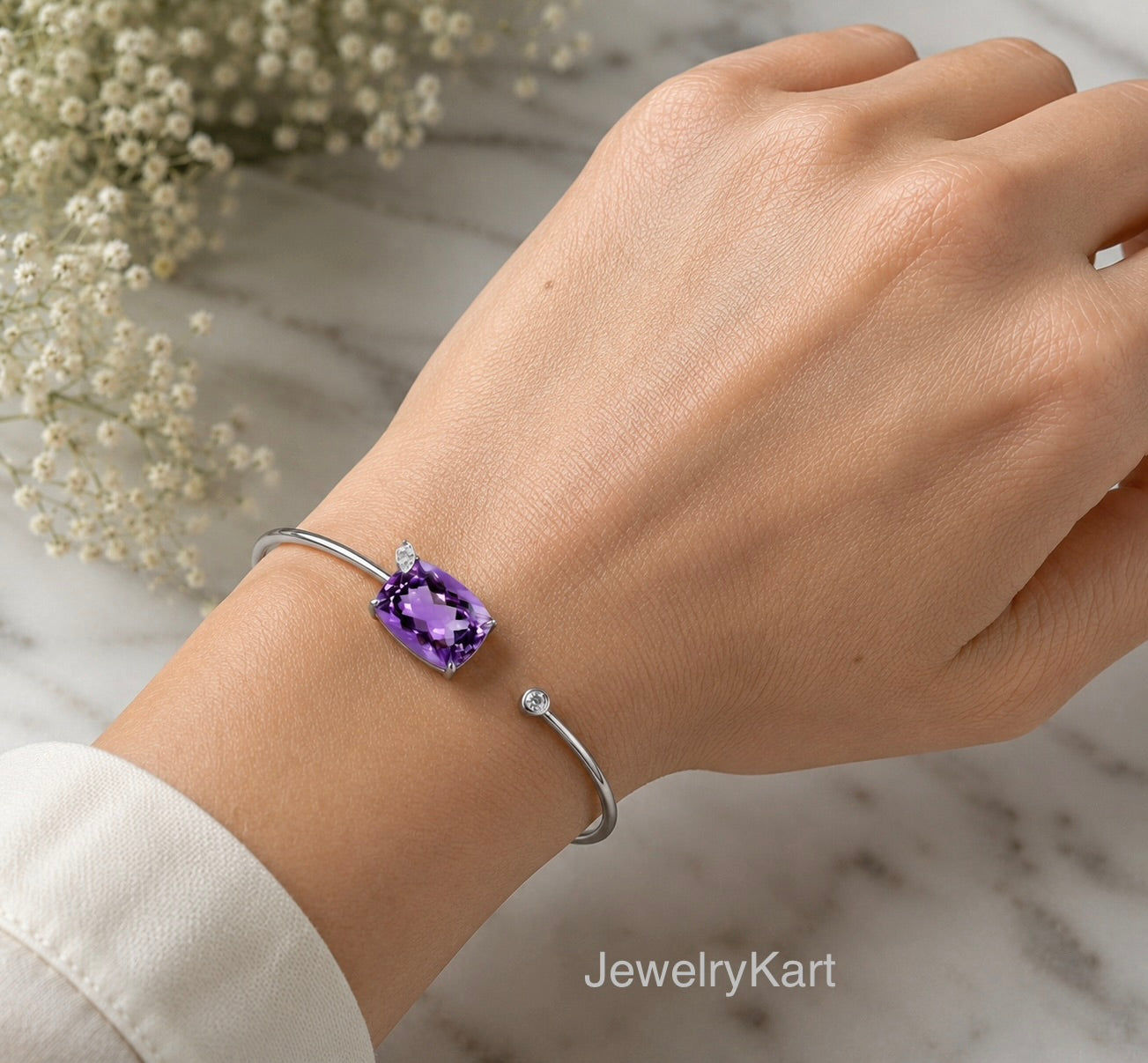 Natural Amethyst Bracelet 925 Silver | Cushion Cut Purple Gemstone Cuff | Adjustable Open Bangle | February Birthstone Jewelry