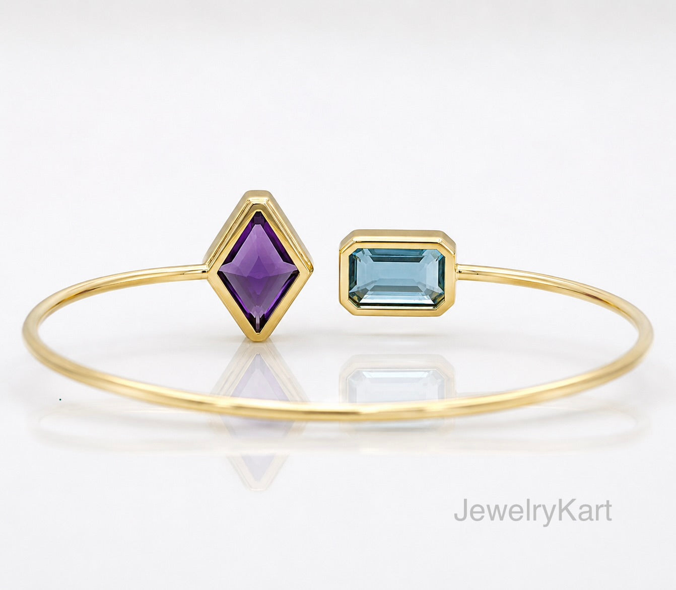 Natural Aquamarine & Amethyst Bangle Bracelet | 925 Sterling Silver Yellow Gold Finish | Emerald Cut Aquamarine | Statement Gemstone