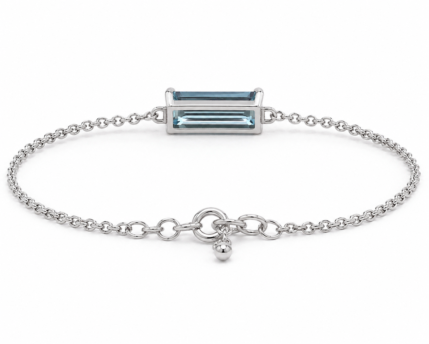 Natural Aquamarine Baguette Bracelet in 14K White Gold | AAA+ Skinny Cut Dark Blue Aquamarine | Minimalist Chain Bracelet | March Jewelry