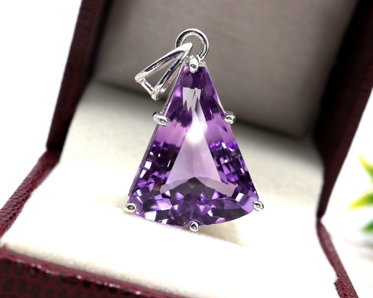 Large Amethyst Pendant in 925 Silver, Trillion Cut February Birthstone Necklace, Natural Gemstone Statement Jewelry for Women