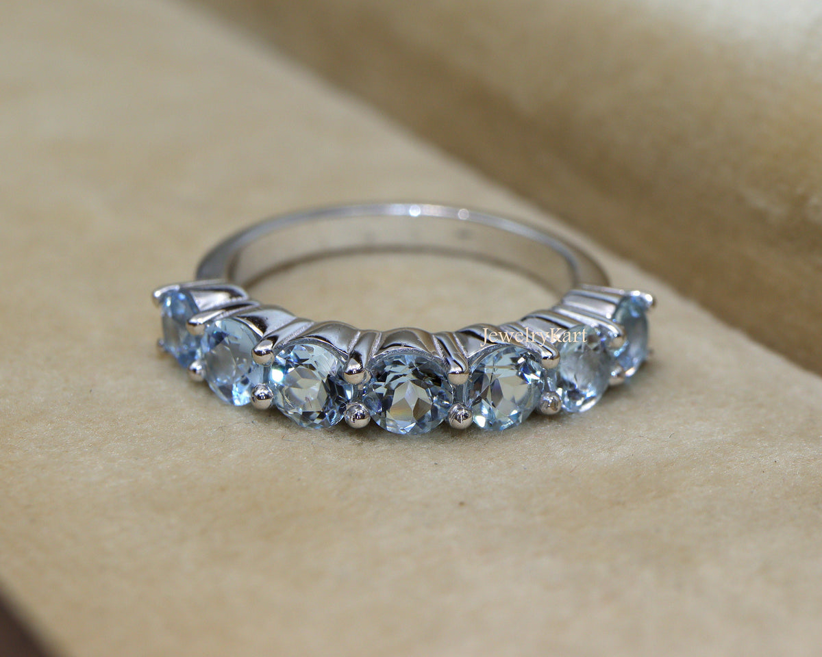 Natural Aquamarine Half Eternity Ring | 4 mm Round Aquamarine Band | 14K Gold or 925 Silver | March Birthstone Stacking Ring | Gift for Her
