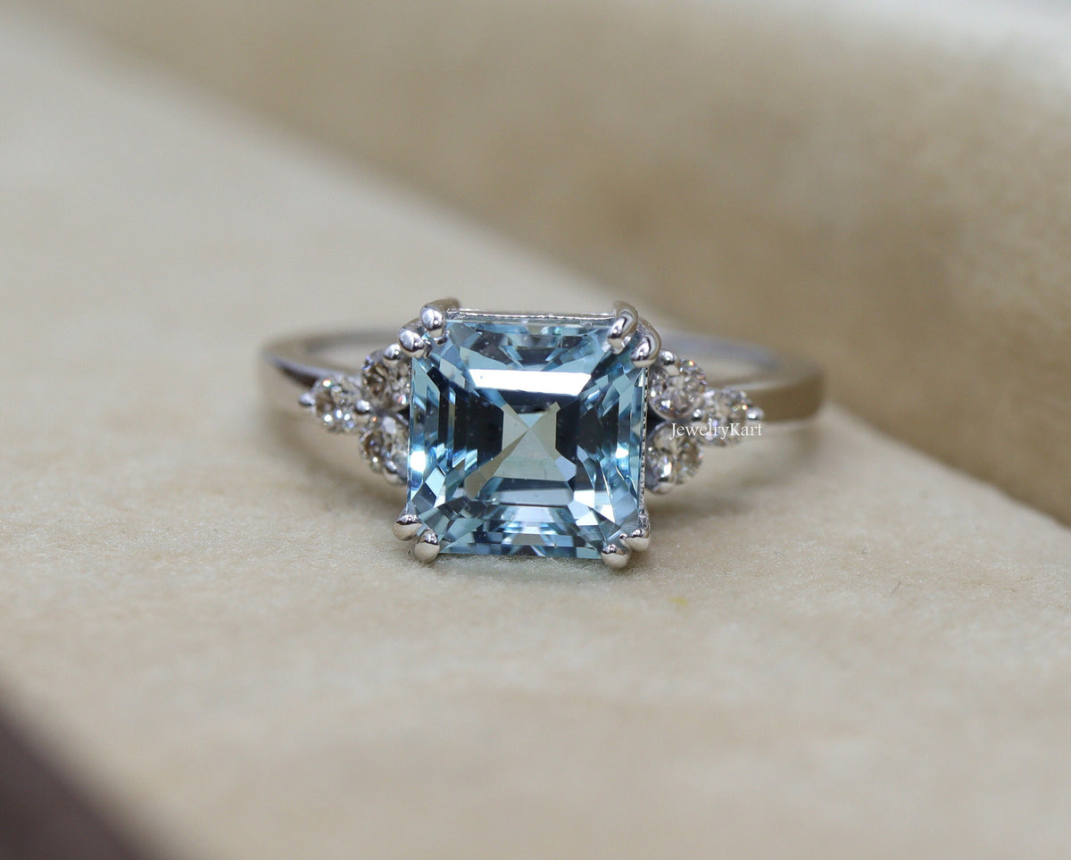 Natural Aquamarine Asscher Cut Ring 7 mm | | Aquamarine Engagement or Promise Ring | Square Aquamarine Diamond Ring