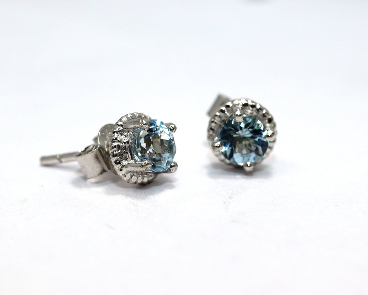 Aquamarine Stud Earrings, 5mm Round AAA Stones in 925 Silver, Dainty March Birthstone Gift, Gemstone Studs