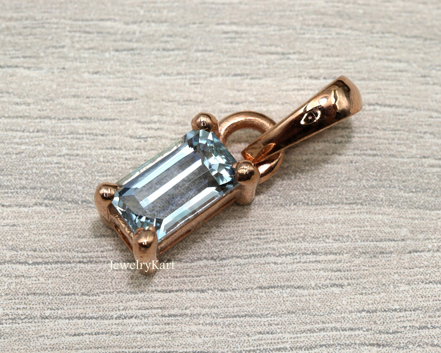 Aquamarine Pendant Necklace, Minimalist Layering necklace, Long Baguette Cut Pendant, 14k Rose Gold Finish, Light Weight Pendant