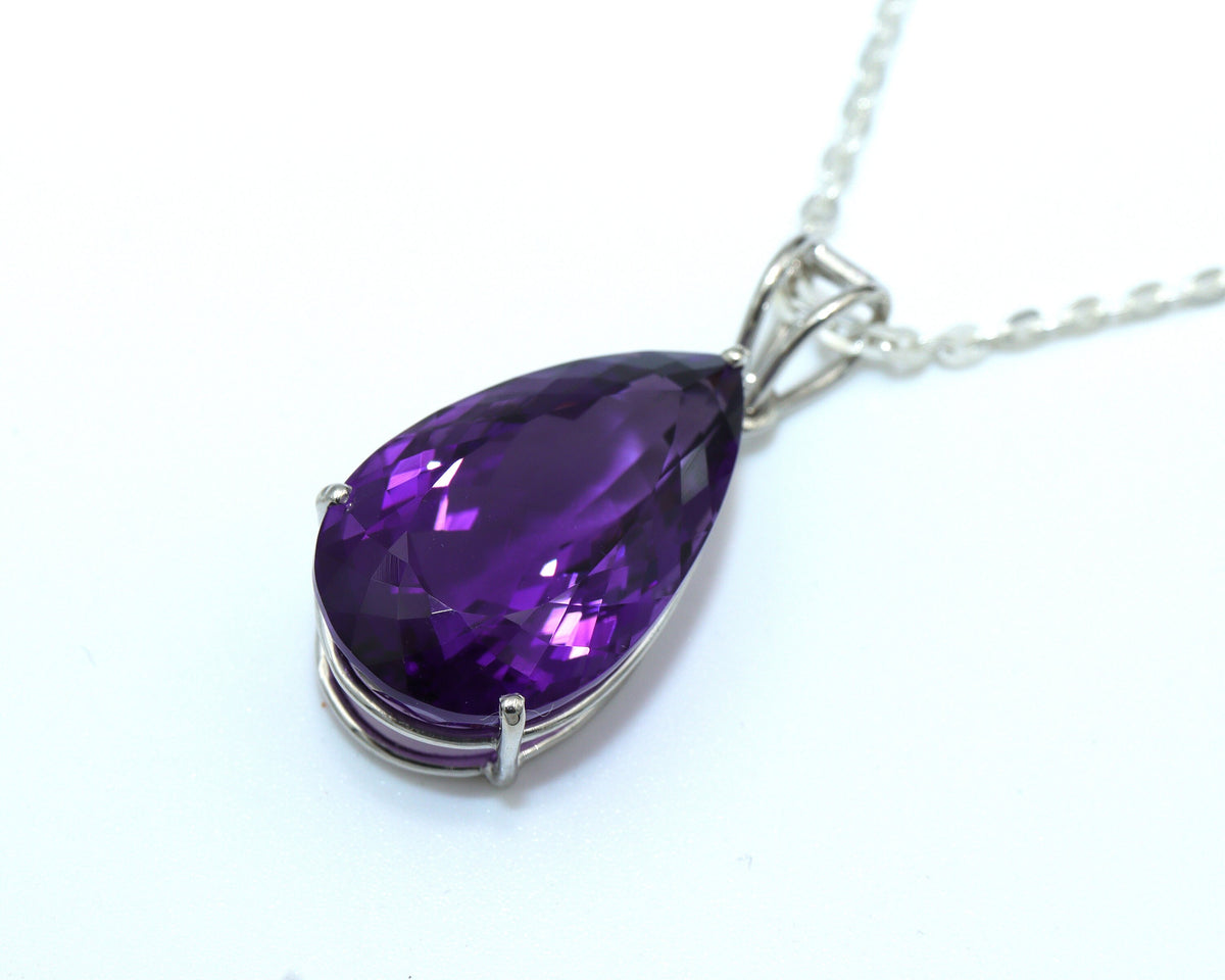 Natural Amethyst Pear Cut Pendant, Big Statement Necklace in 925 Silver, February Birthstone Gift