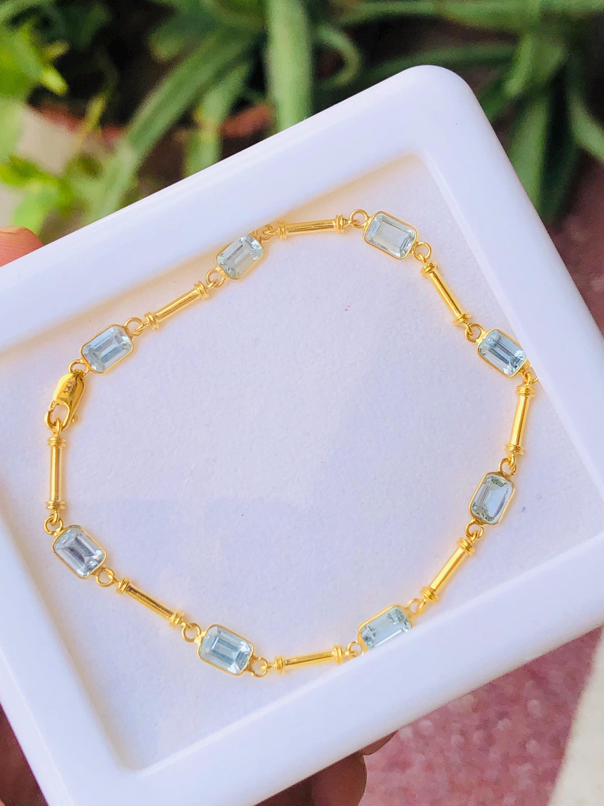 14K Gold Aquamarine Bracelet, Emerald Cut Dainty Tennis Bracelet, Bezel Set Minimalist Blue Gem Link Bracelet, Natural Light Weight Jewelry