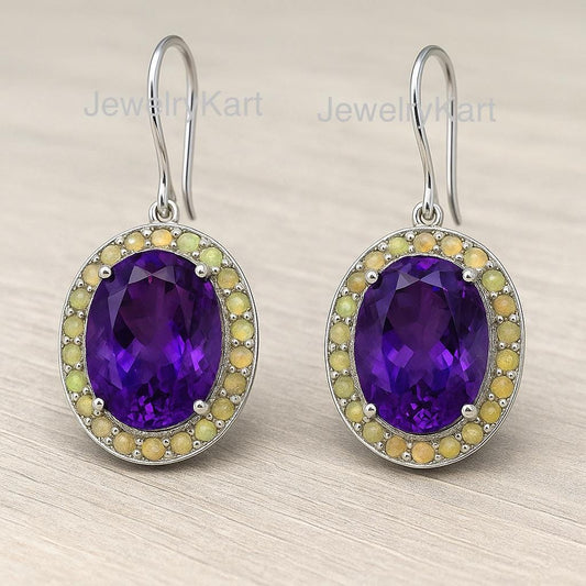 Amethyst & Opal Oval Earrings, Ethiopian Opal Halo Drop Earrings, February Birthstone Jewelry, Statement Earrings