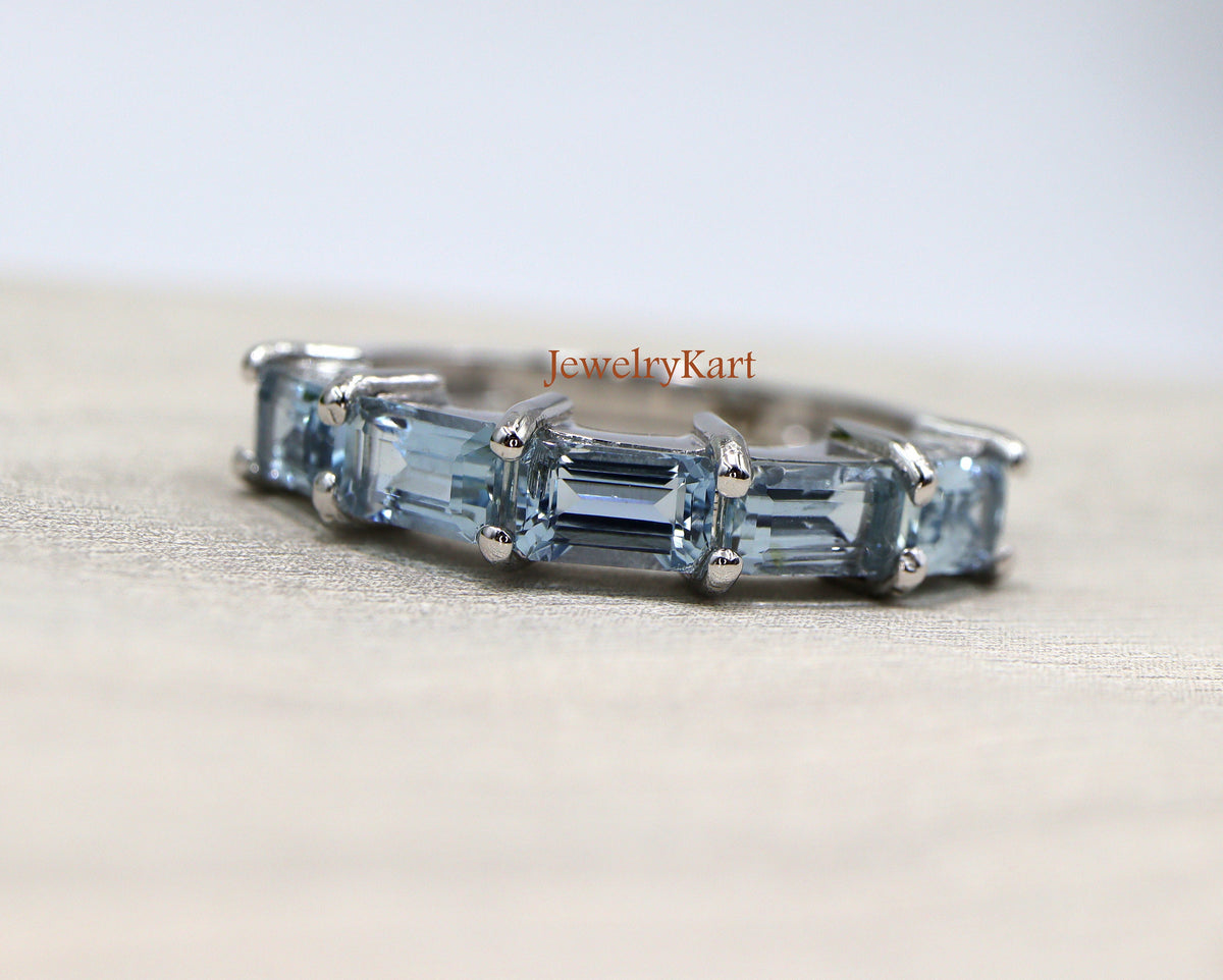 Natural Aquamarine Emerald Cut Eternity Band | Half Eternity 6x4 mm Ring | East West Aquamarine Stackable Band | Wedding Band Gift