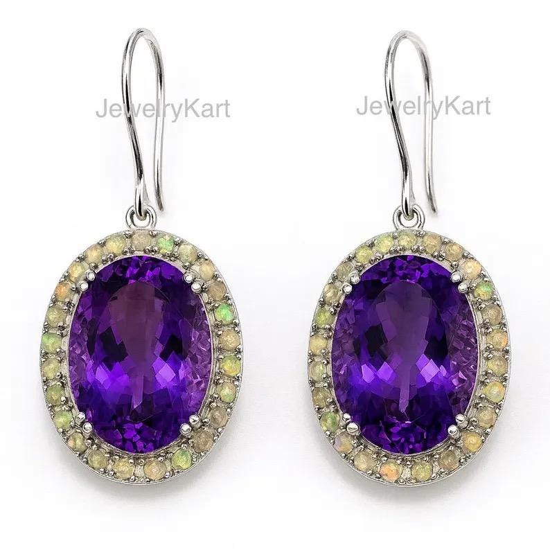 Natural Amethyst & Ethiopian Fire Opal Double Halo Cocktail Ring in Sterling Silver