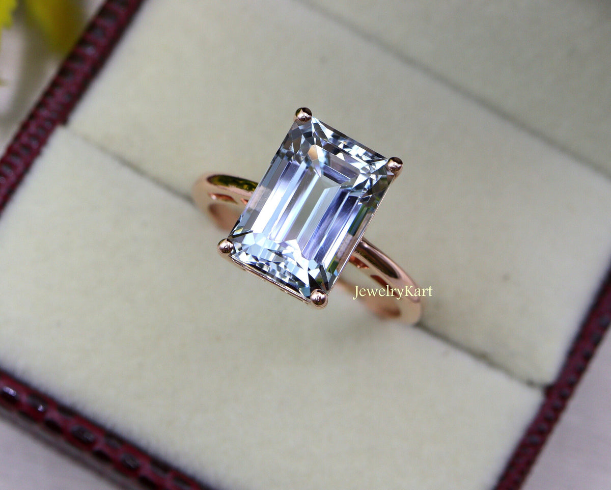 3 Ct Emerald Cut Aquamarine Ring | 14K Rose Gold Natural Solitaire | March Birthstone Engagement Ring