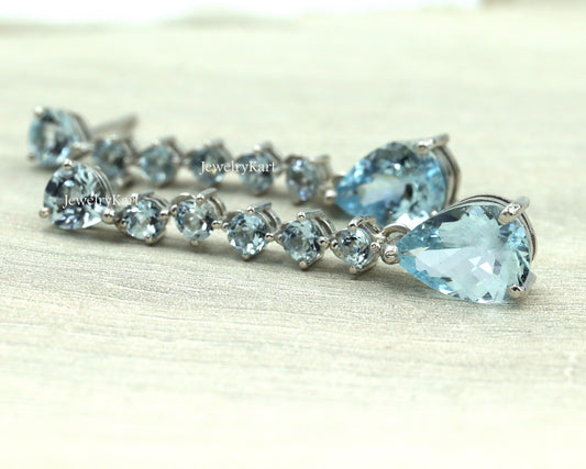 Natural Aquamarine Long Drop Earrings | 925 Silver or 14K Gold Dangle Earrings | Blue Pear & Round Gemstones | Lightweight Gift for Her