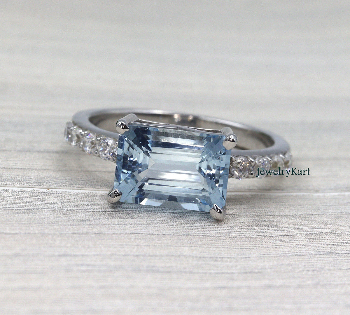 Aquamarine East West Emerald Cut Ring | Natural Aquamarine Horizontal Engagement Ring