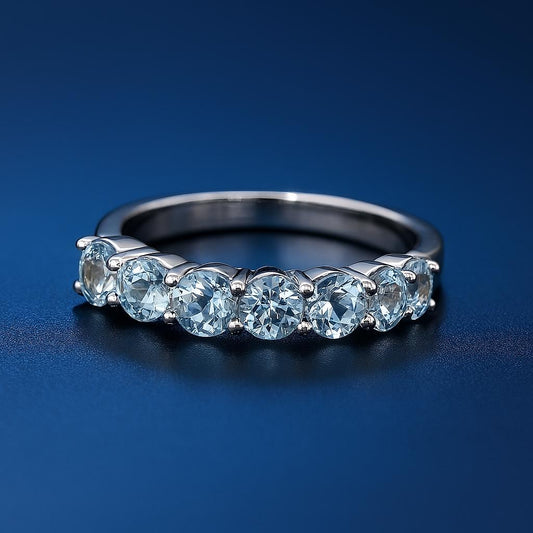 Natural Aquamarine Half Eternity Ring | 4 mm Round Aquamarine Band | 14K Gold or 925 Silver | March Birthstone Stacking Ring | Gift for Her