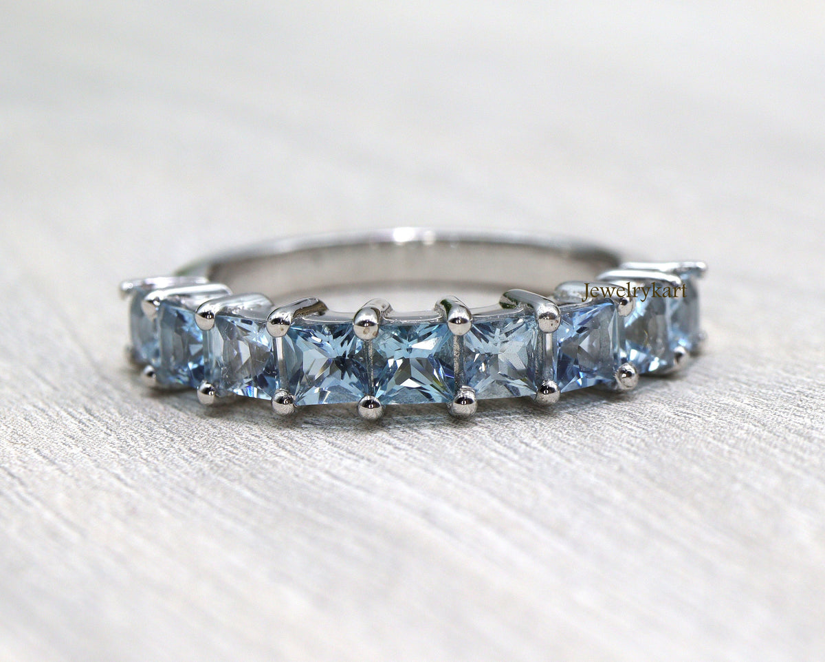 Princess Cut Aquamarine Eternity Band • 4mm Half Eternity Ring • Stackable March Birthstone Ring • Square Cut Aquamarine Band