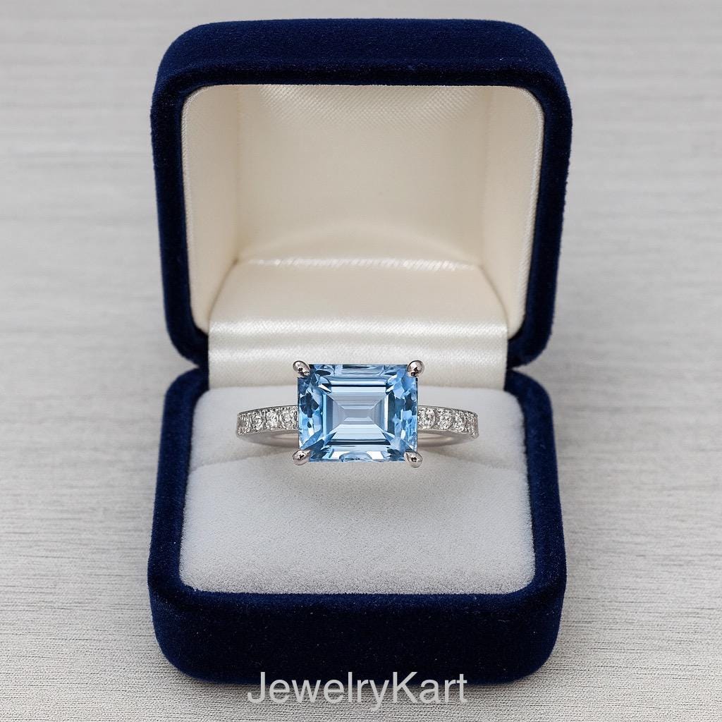 Aquamarine East West Emerald Cut Ring | Natural Aquamarine Horizontal Engagement Ring