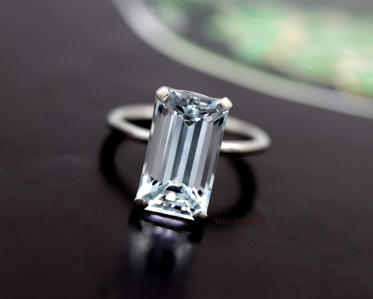 Natural Aquamarine Emerald Cut Ring | 11x7 mm Solitaire | 925 Silver Rectangle Ring | March Birthstone | Big Baguette Engagement Ring