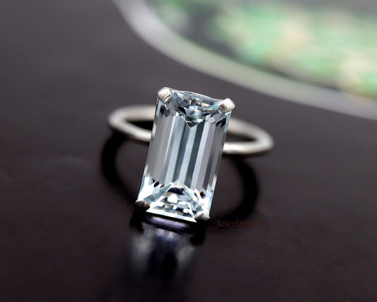 Natural Aquamarine Emerald Cut Ring | 11x7 mm Solitaire | 925 Silver Rectangle Ring | March Birthstone | Big Baguette Engagement Ring