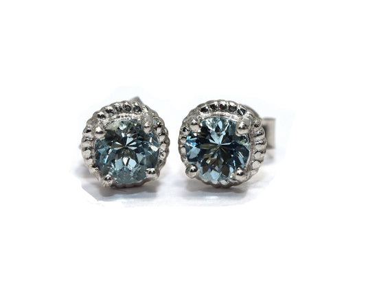 Aquamarine Stud Earrings, 5mm Round AAA Stones in 925 Silver, Dainty March Birthstone Gift, Gemstone Studs