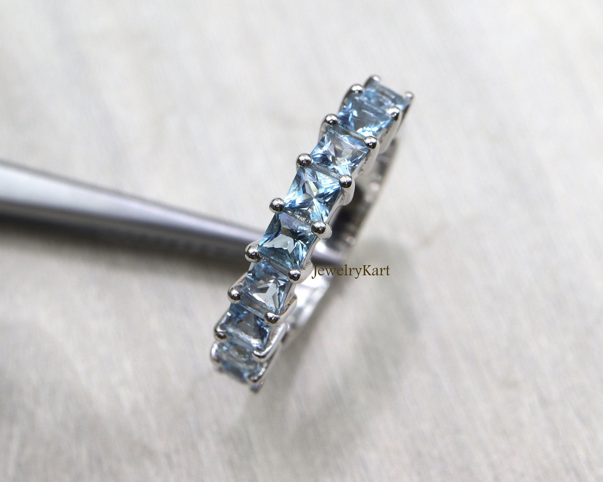 Princess Cut Aquamarine Eternity Band • 4mm Half Eternity Ring • Stackable March Birthstone Ring • Square Cut Aquamarine Band