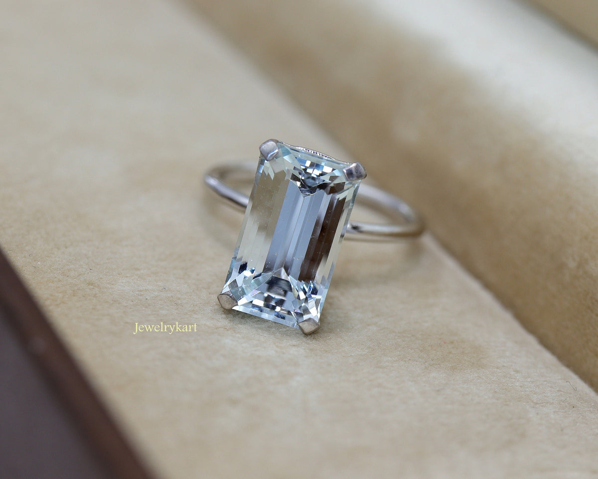 Natural Aquamarine Emerald Cut Ring | 11x7 mm Solitaire | 925 Silver Rectangle Ring | March Birthstone | Big Baguette Engagement Ring