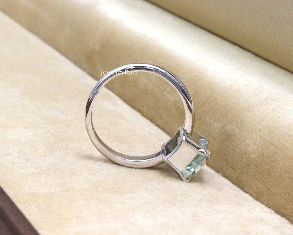 Emerald Cut Natural Aquamarine Solitaire Ring | 14K Gold or Sterling Silver | 8×6 mm March Birthstone Ring