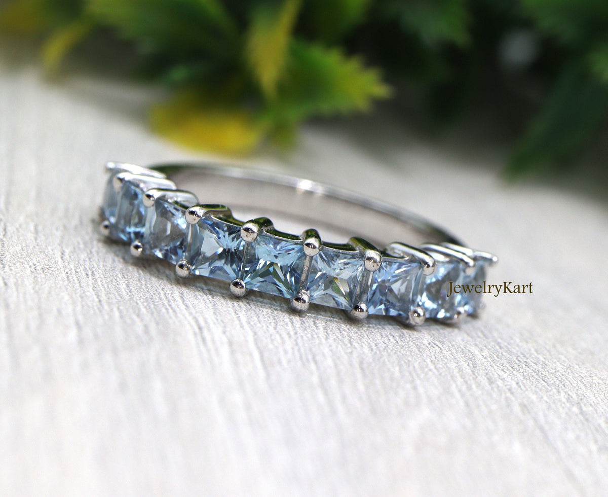 Princess Cut Aquamarine Eternity Band • 4mm Half Eternity Ring • Stackable March Birthstone Ring • Square Cut Aquamarine Band