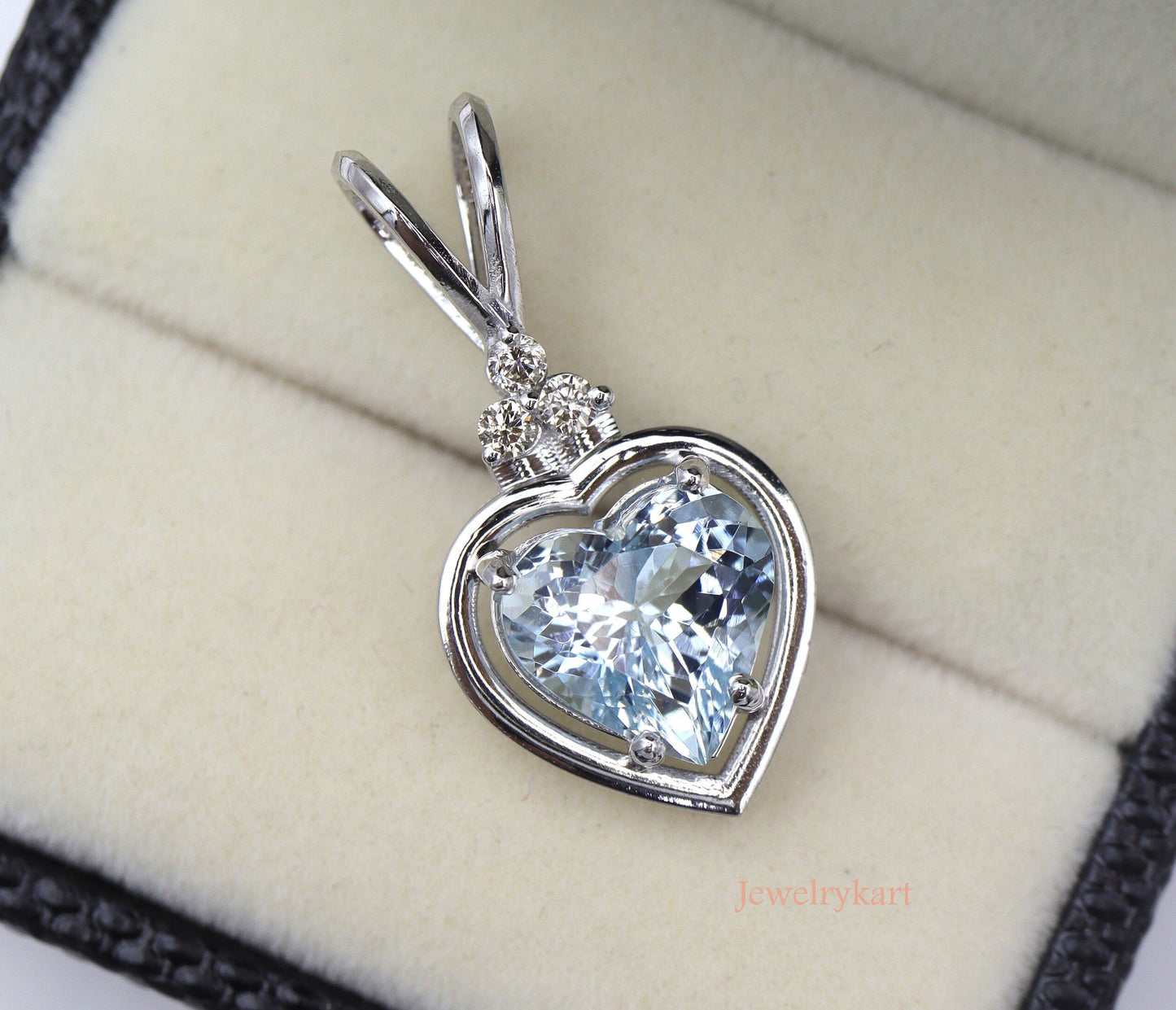 Natural Aquamarine Heart Pendant in 14K Gold, Real Diamond Accent Necklace, Light Blue Solitaire, Love Jewelry, Prong Set Gift for Her