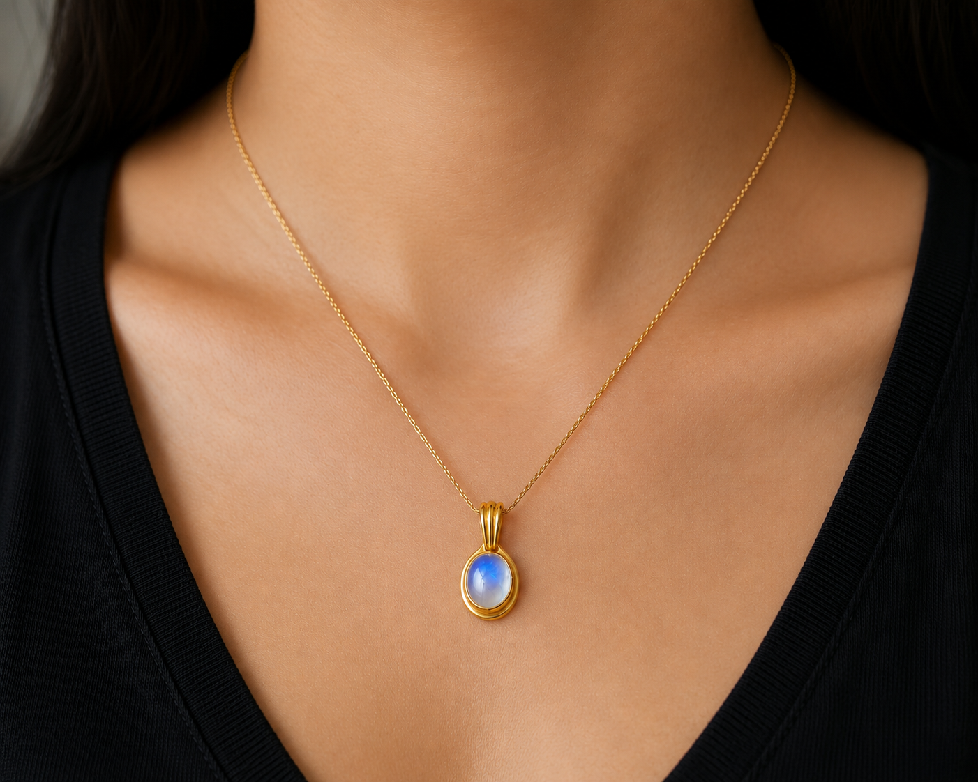 Rainbow Moonstone Pendant – 9x7 mm Oval Blue Flash Gemstone Ring, Yellow Gold Finish 925 Silver – Bezel Set - Moonstone Cabochon Ring