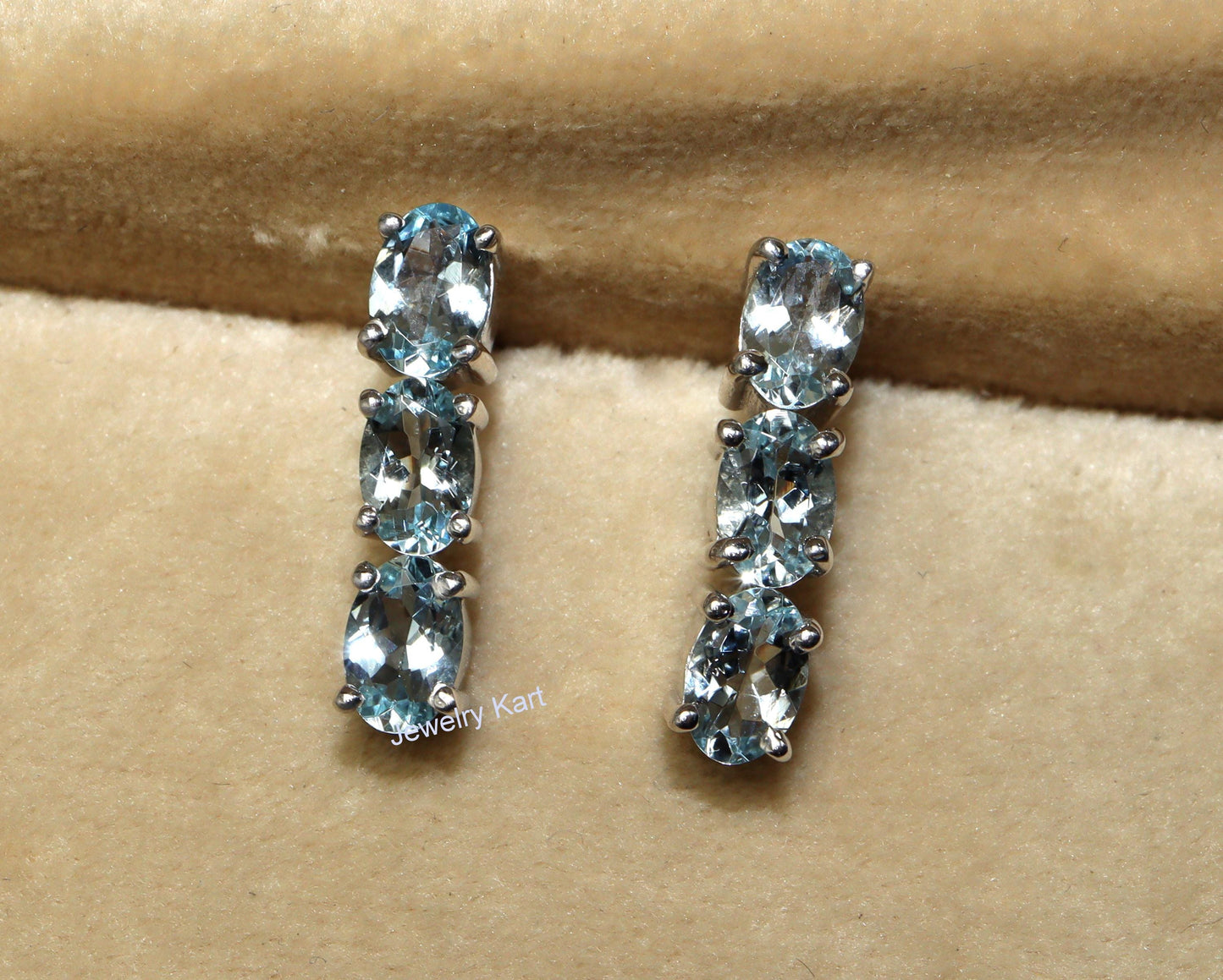 Aquamarine Long Earrings – Oval Gemstone Earrings - Sleek Bar Earrings in 14K or Silver