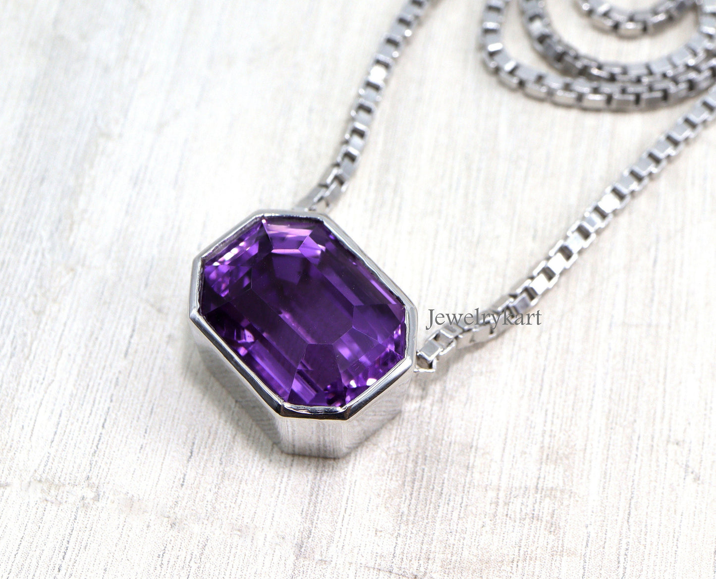 Horizontal Amethyst Pendant Necklace, Bezel Set Emerald Cut Gemstone in 925 Silver, February Birthstone, Statement Neck piece,