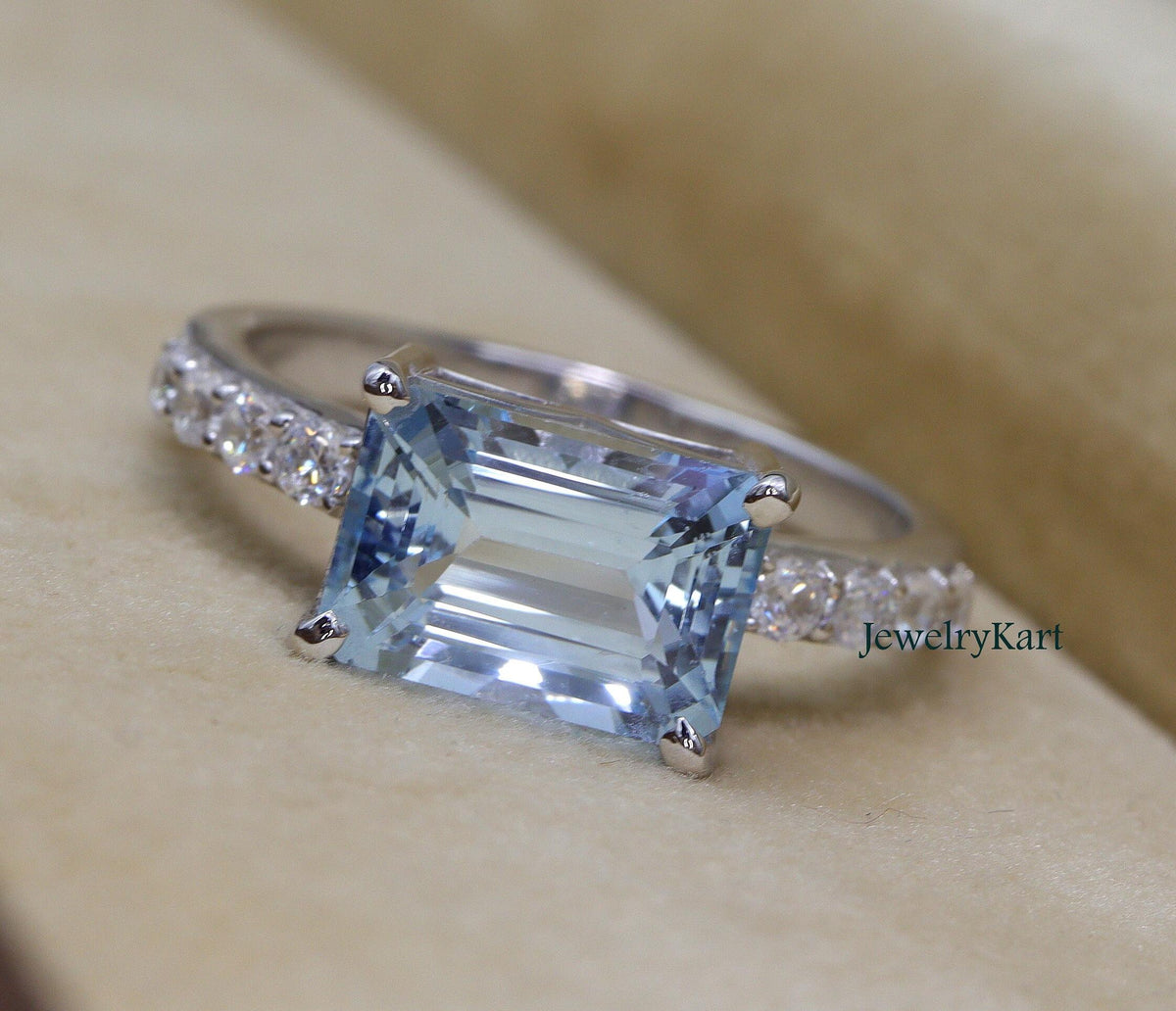 Aquamarine East West Emerald Cut Ring | Natural Aquamarine Horizontal Engagement Ring