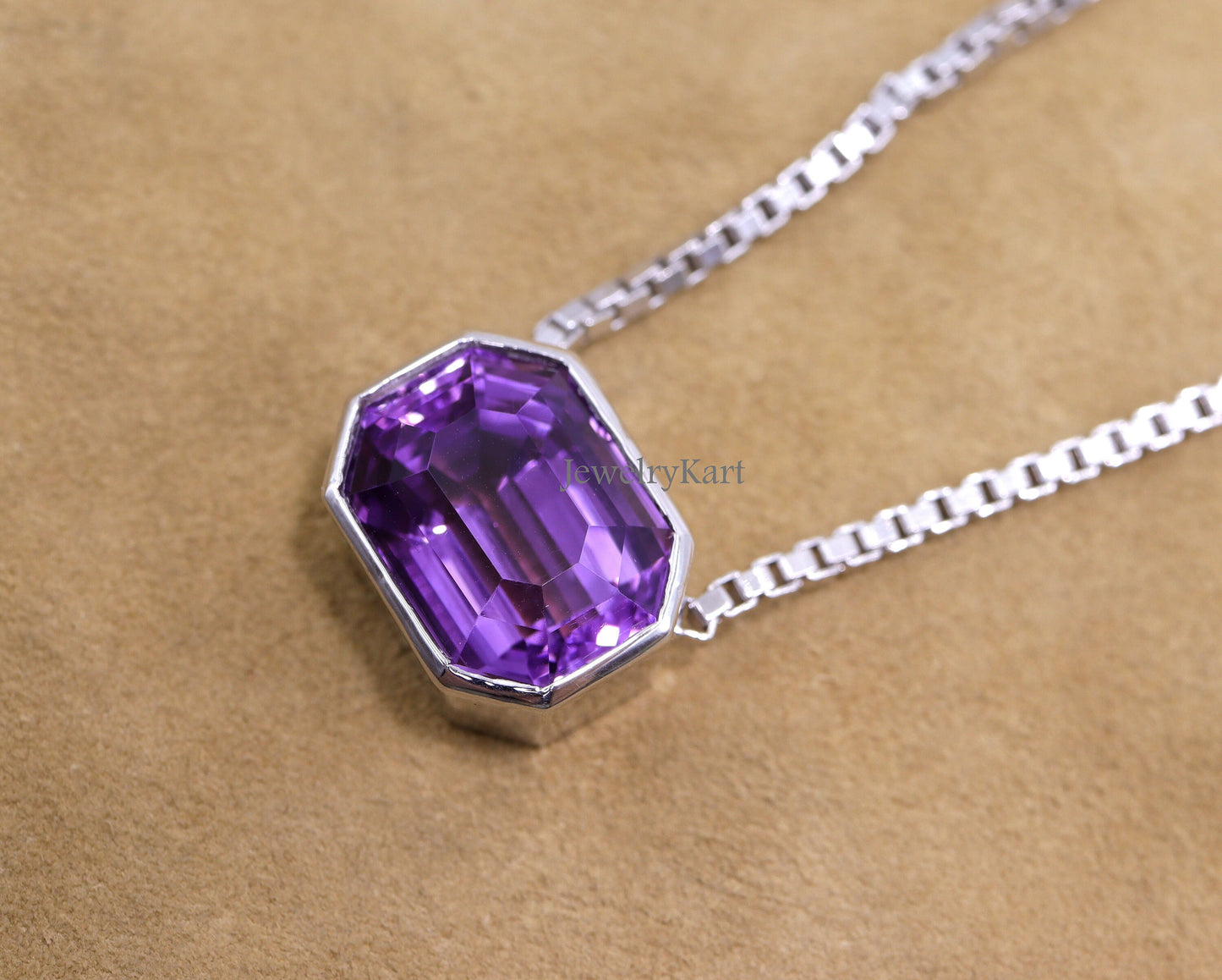 Horizontal Amethyst Pendant Necklace, Bezel Set Emerald Cut Gemstone in 925 Silver, February Birthstone, Statement Neck piece,