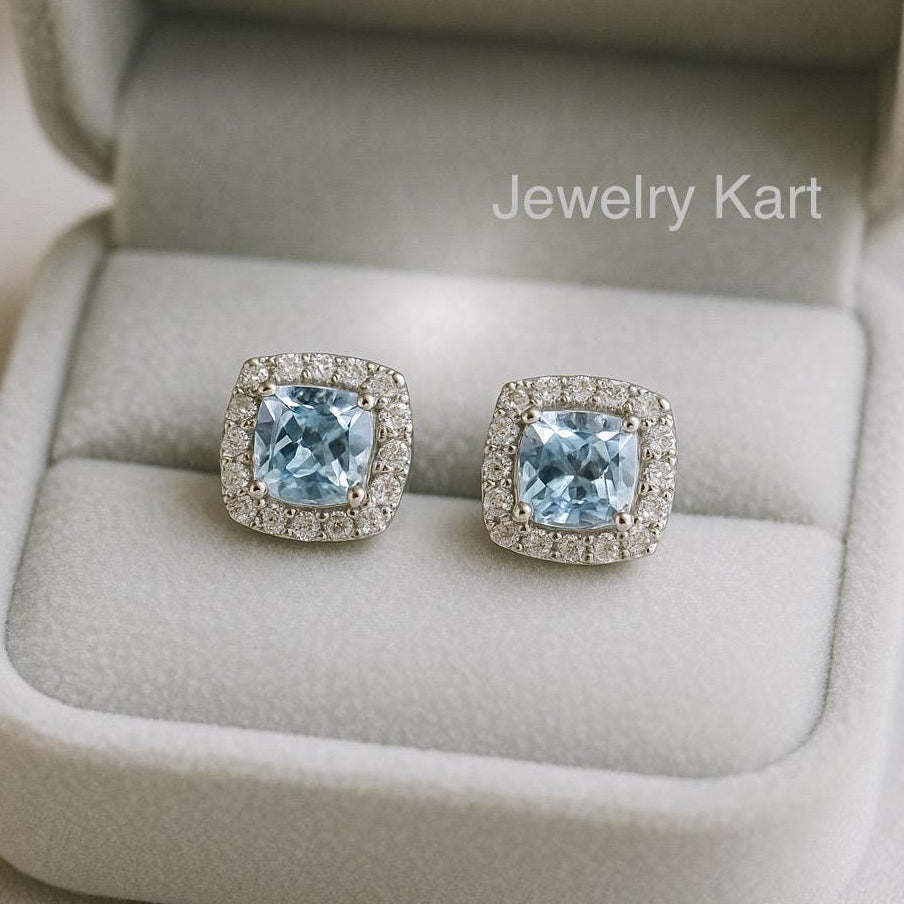 Aquamarine Halo Earrings | 6 mm Cushion Cut Studs in 14k White Gold, Square Aquamarine Earrings