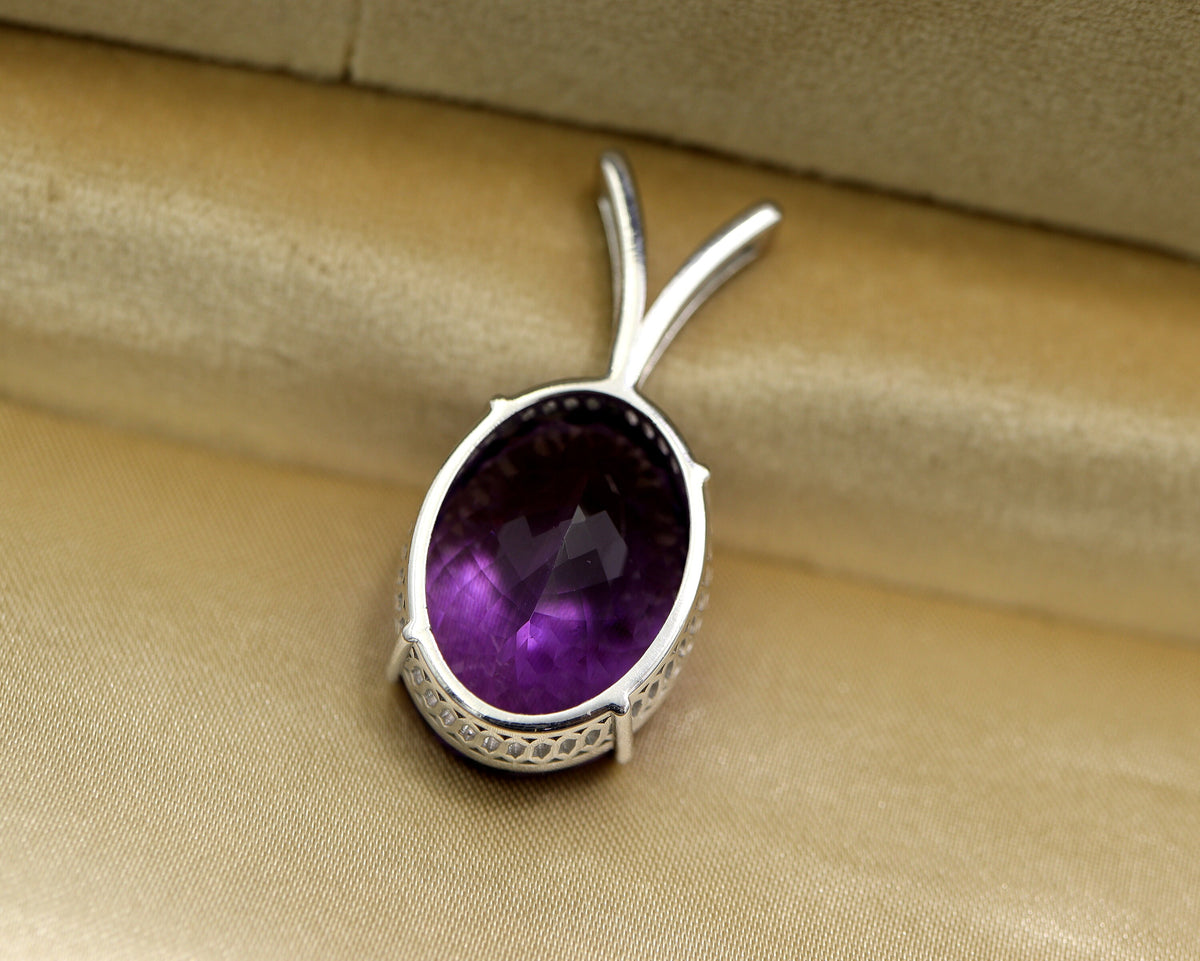 Natural Amethyst Oval Pendant | 15 Ct Purple Gem in 925 Silver | Large February Birthstone Necklace | Rhodium Plated | Gift for Her