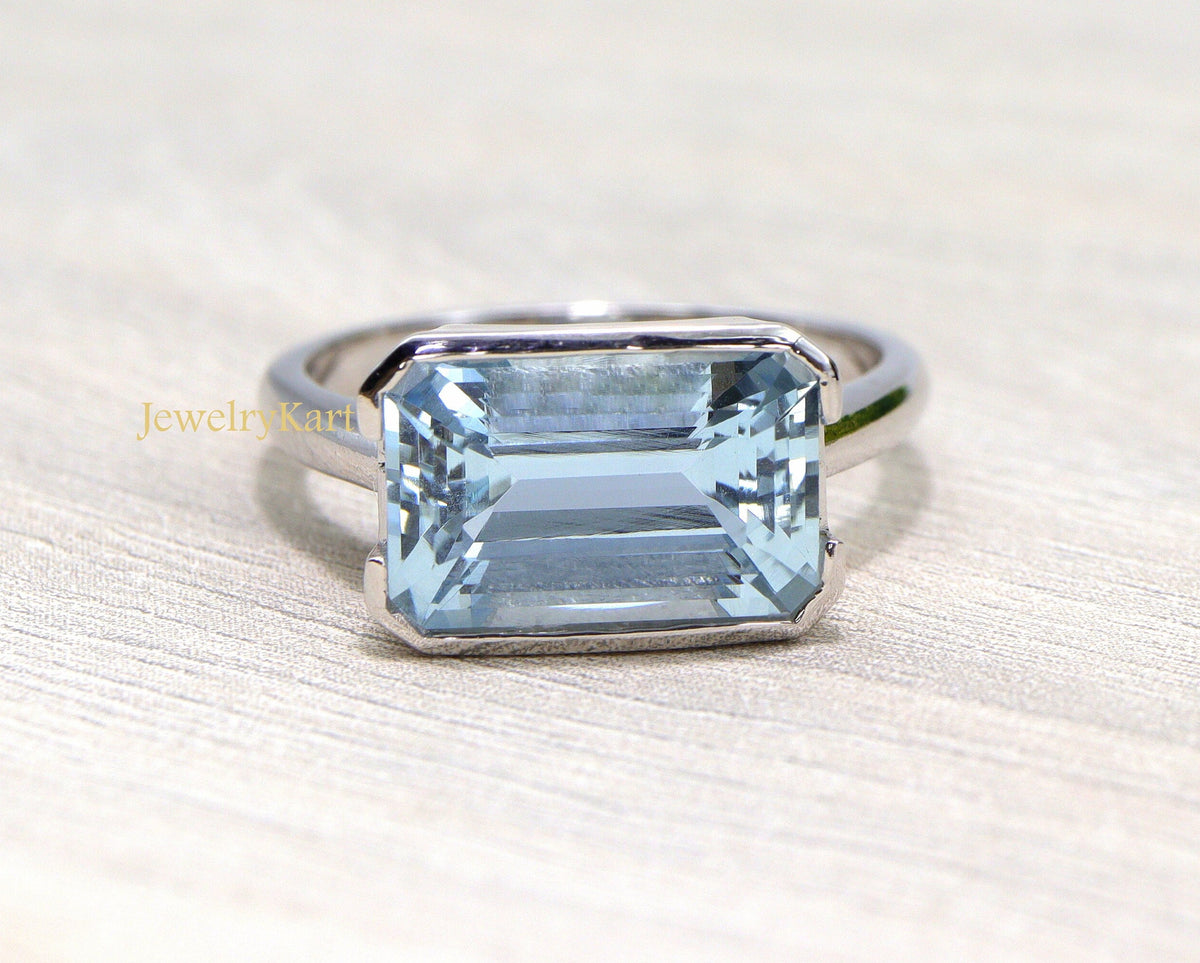 Genuine Aquamarine East West Engagement Ring, Aquamarine Ring For Wedding, Bezel Set Horizontal Ring in 14k Gold