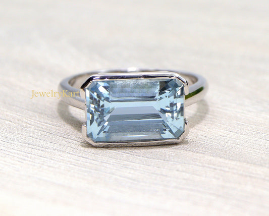 Genuine Aquamarine East West Engagement Ring, Aquamarine Ring For Wedding, Bezel Set Horizontal Ring in 14k Gold