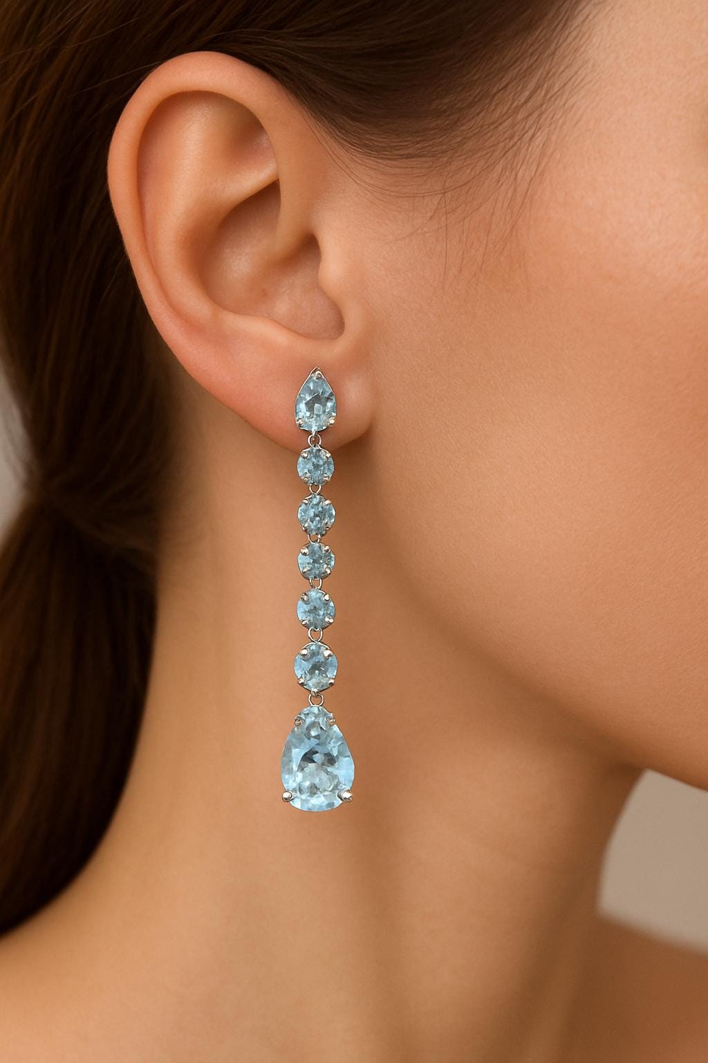 Natural Aquamarine Long Drop Earrings | 925 Silver or 14K Gold Dangle Earrings | Blue Pear & Round Gemstones | Lightweight Gift for Her
